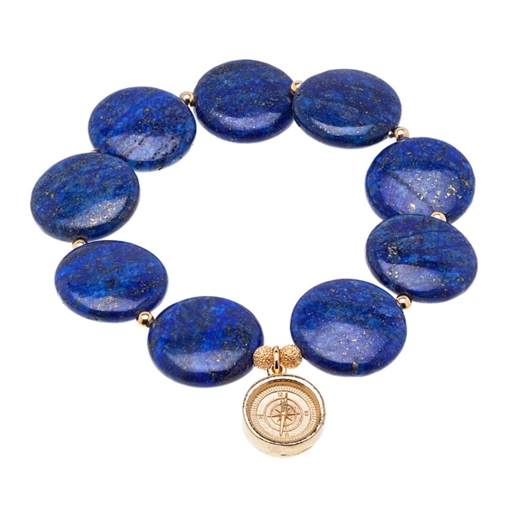 Lapis Lazuli Disk Bracelet with Gold Compass Charm – 20mm Beads